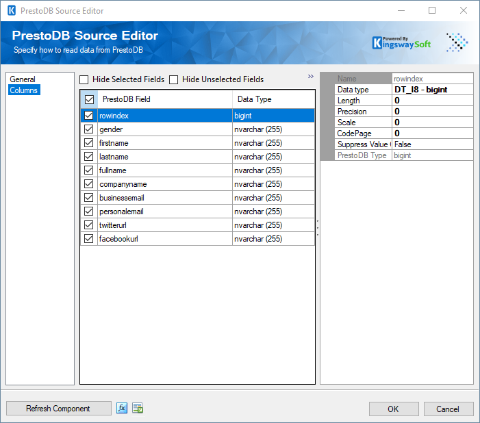 PrestoDB Source - Columns